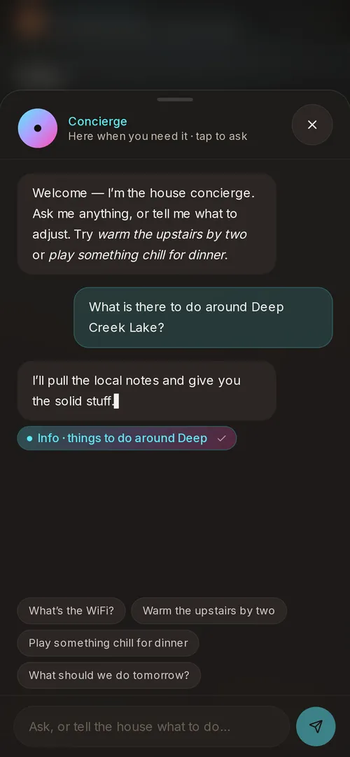 Text conversation with the AI concierge about the house