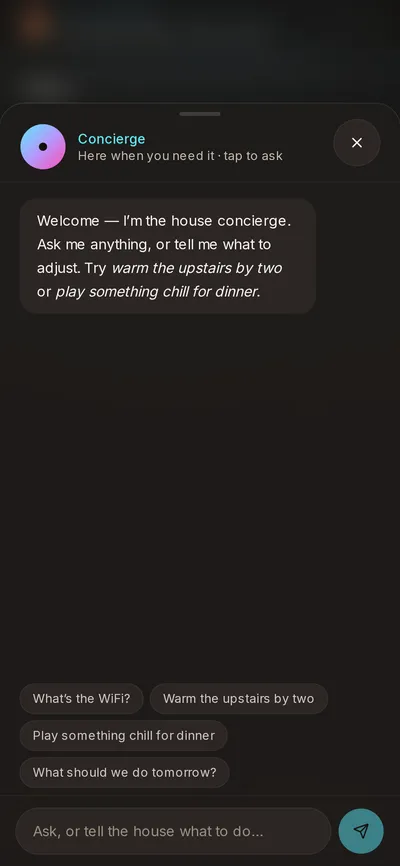 AI concierge chat panel open over the app