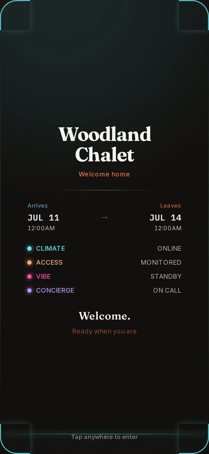 Welcome screen greeting arriving guests by name