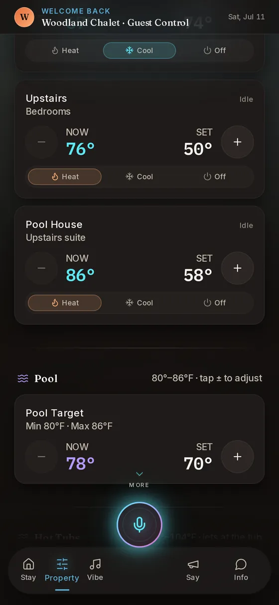 Climate controls showing four thermostat zones with temperature limits