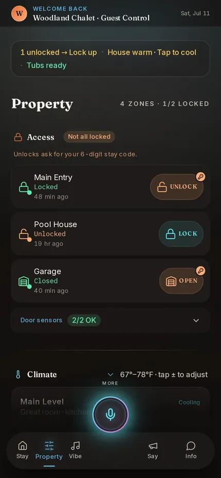 Property control screen: thermostats, door locks, garage, and hot tubs