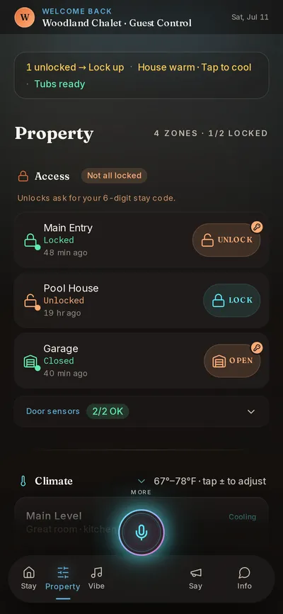 Property controls for locks, climate, garage, and hot tubs