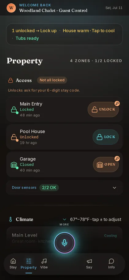 Property tab controlling locks, thermostats, garage, and hot tubs