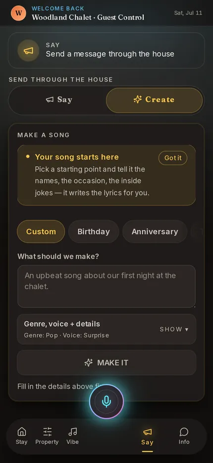 Creative studio screen for generating a custom AI song about the stay