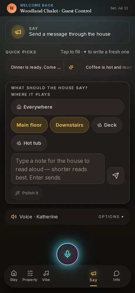Say tab for broadcasting announcements over the house speakers