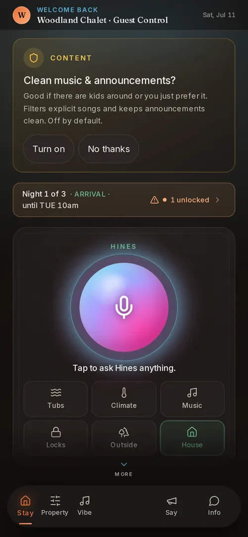 Lakehearth home screen with live lock status, tonight's plan, and the concierge orb