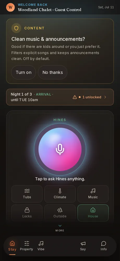 Lakehearth guest app home screen with personalized greeting and live door-lock status
