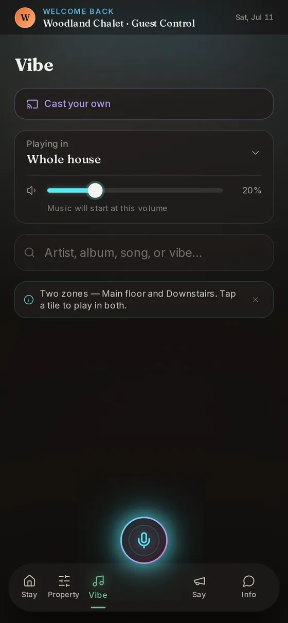 Vibe tab controlling music across main floor, downstairs, deck, and hot tub zones